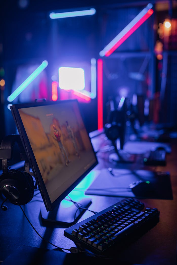 A modern gaming setup with neon lights and high-quality equipment.